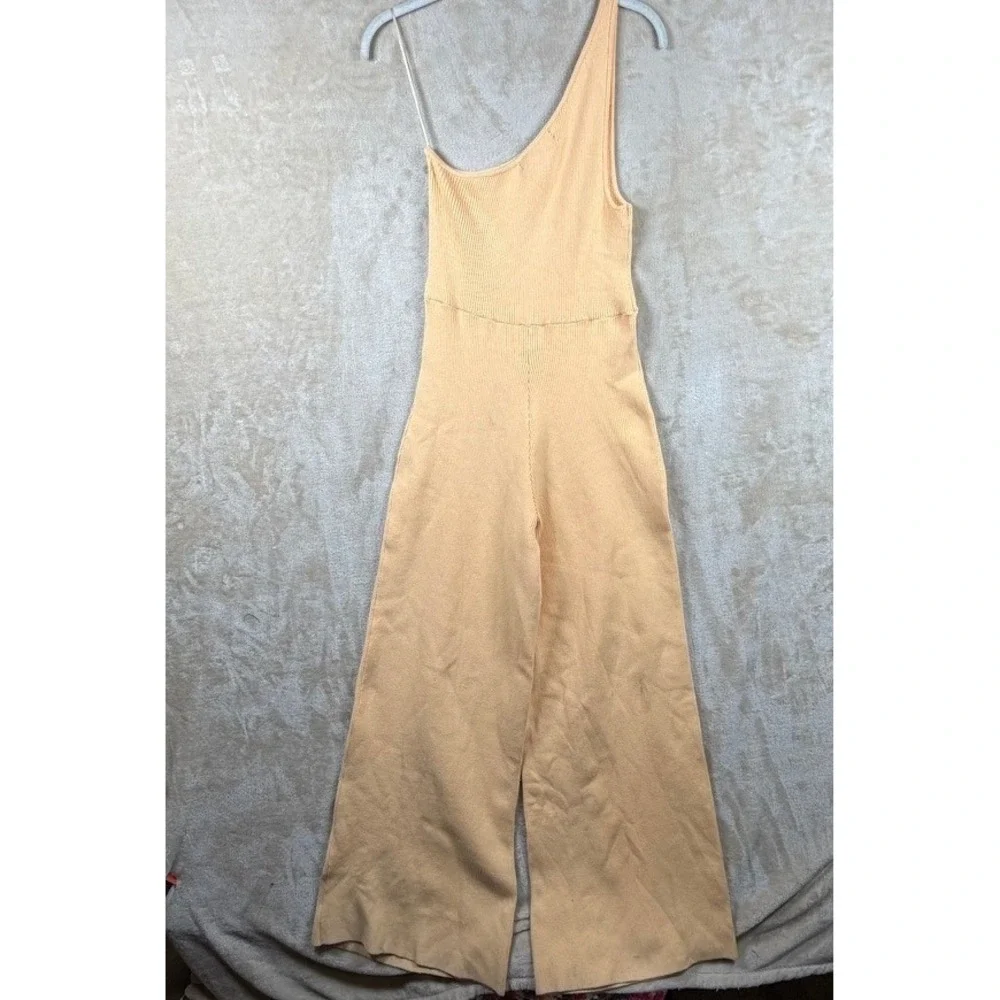 Free People FP Beach One Shoulder Ribbed Wide Leg Jumpsuit Peach M OB1133334